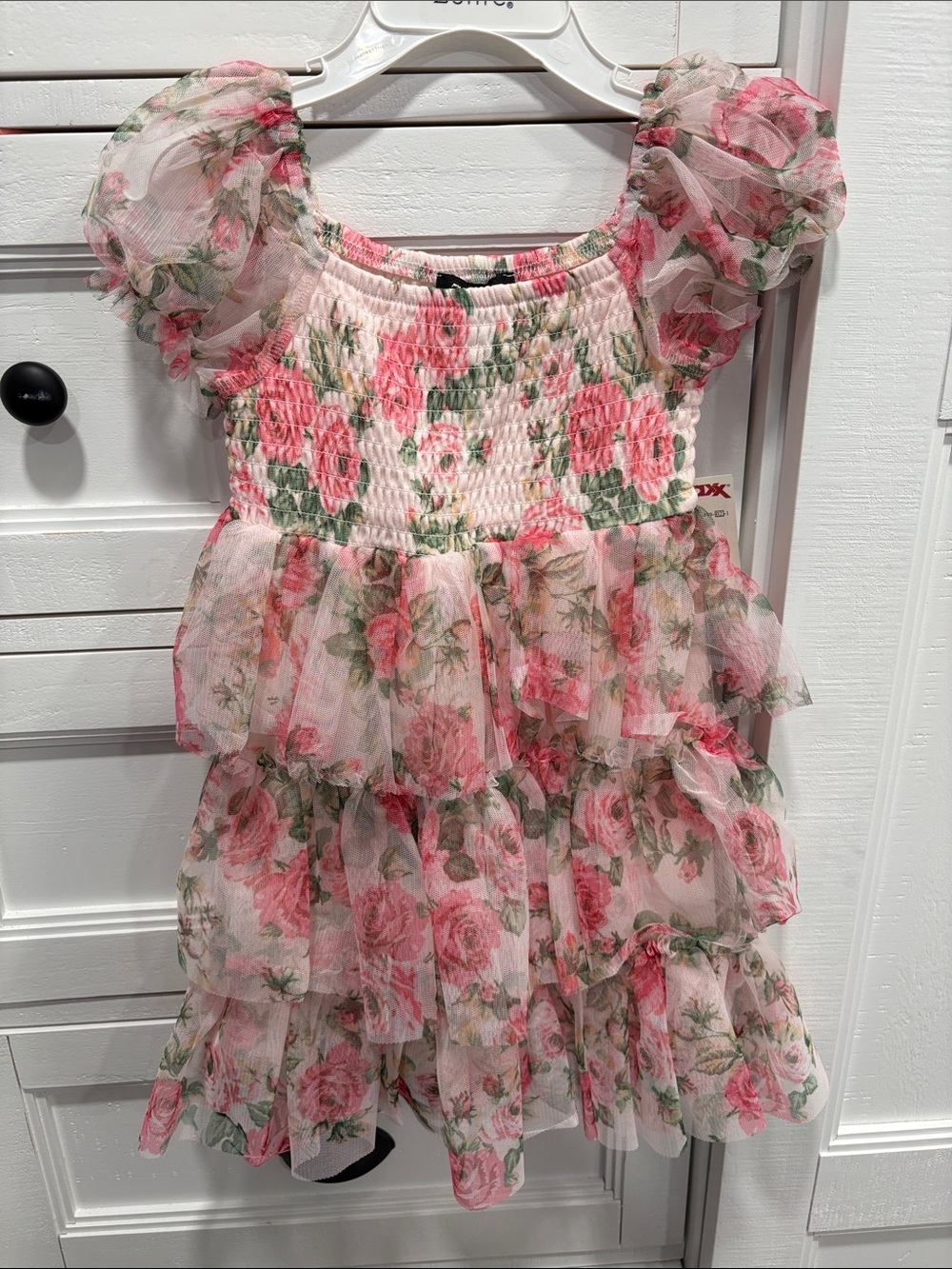 Zunie Pink Rose Print Tiered Tulle Dress for Girls